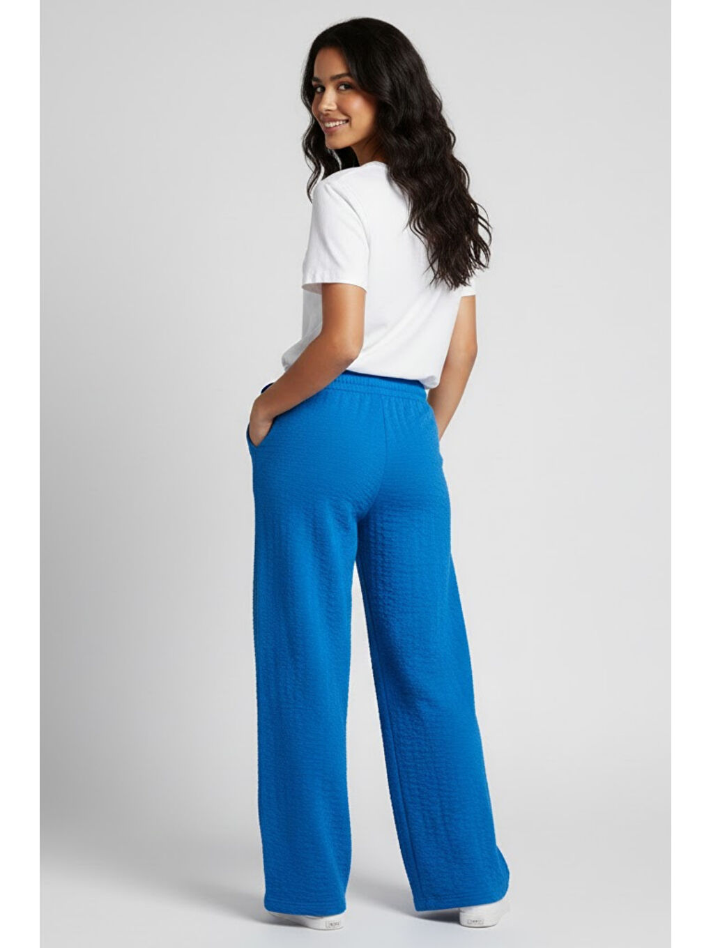 Kadın Bürümcük Kumaş Geniş Paça Pantolon – Rahat Kalıp – Mavi-2