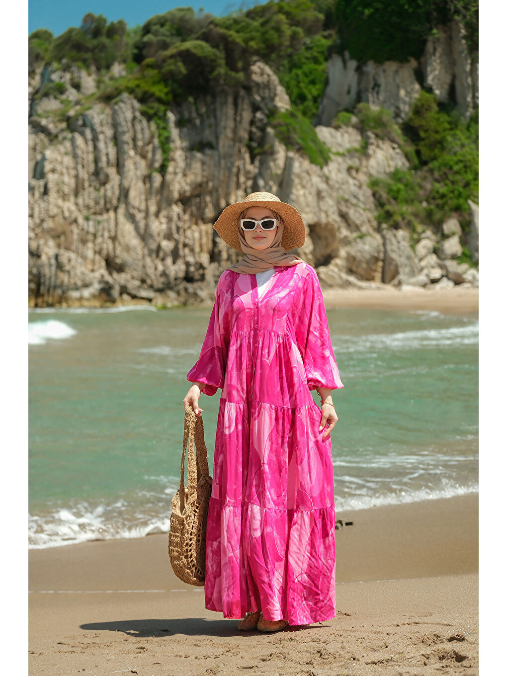 Kadın Şekil Desenli Elbise Fuşya-2