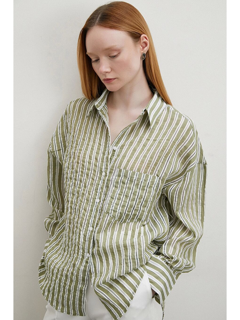 Transparan Çizgili Gömlek Haki-3