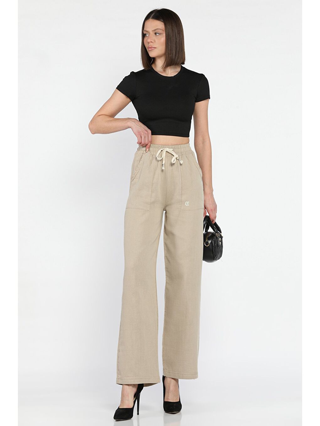Bej Bel Bağlamalı Kadın Bol Paça Pantolon-1
