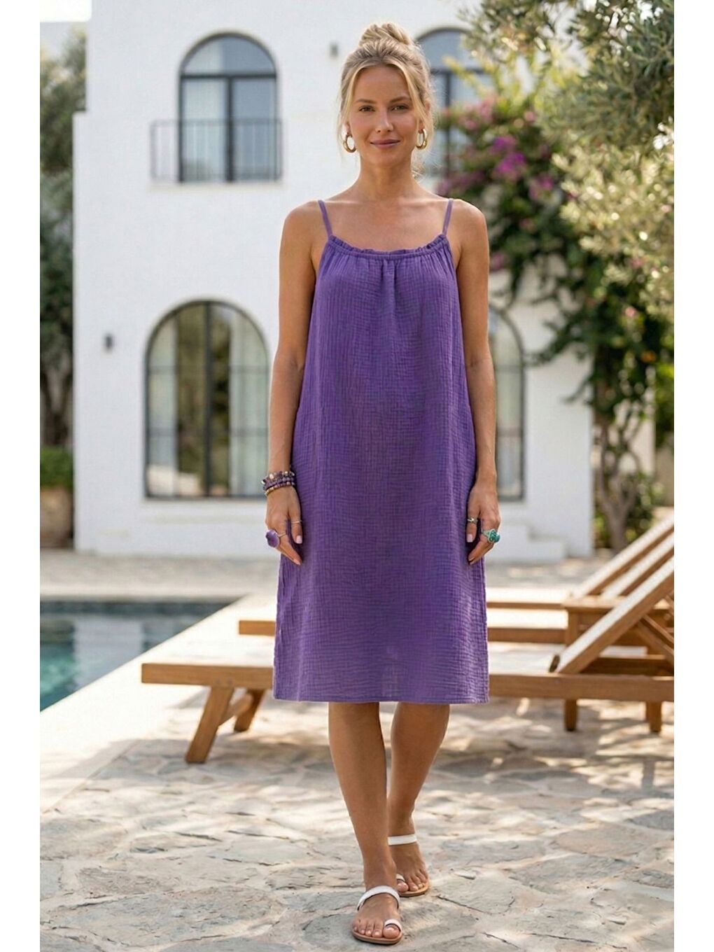 Mor Askılı Gizli Cepli Ayarlanabilir Askılı Casual Müslin Dokuma Elbise 105 55