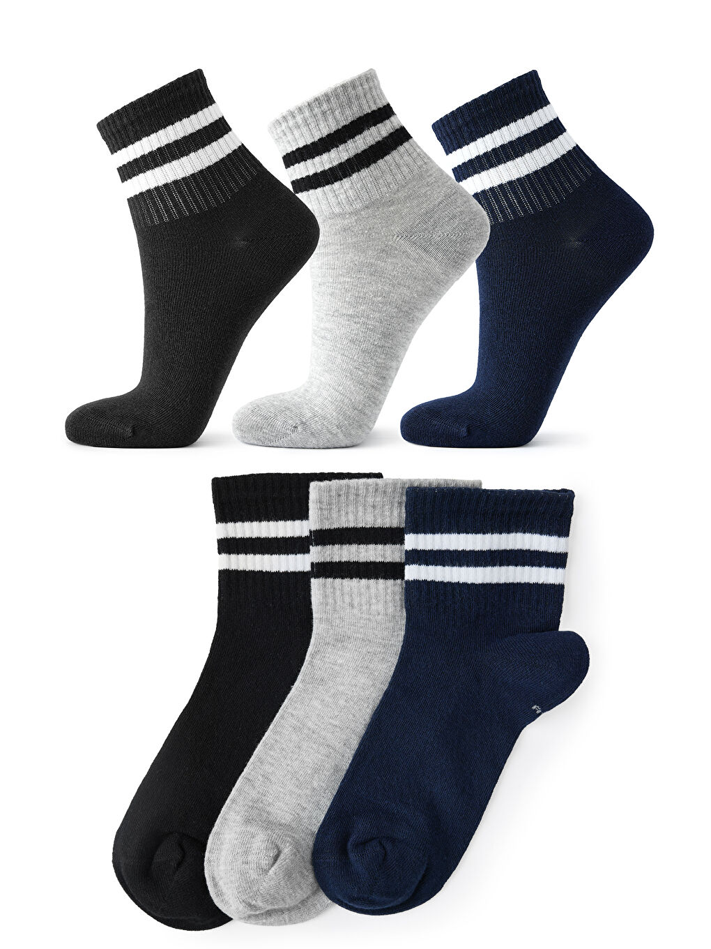 Unisex Siyah Gri Lacivert 3 Çift Şeritl Pamuklu Kolej Çorap