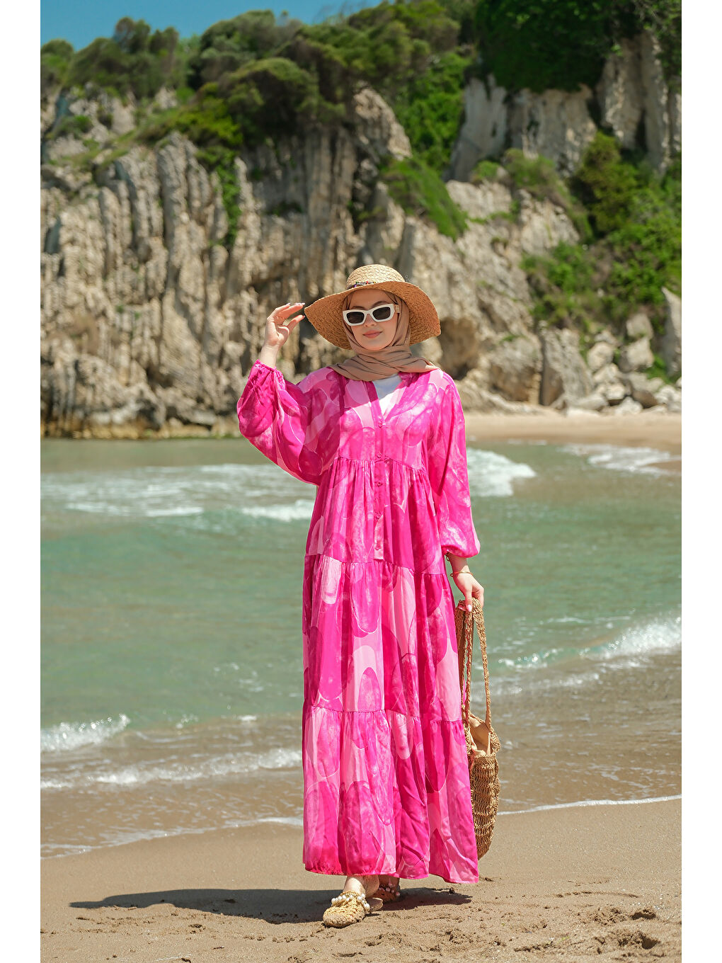 Kadın Şekil Desenli Elbise Fuşya-3