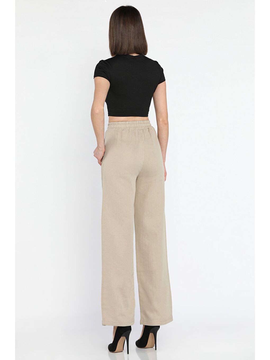 Bej Bel Bağlamalı Kadın Bol Paça Pantolon-2