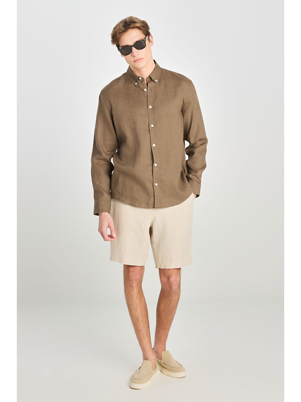 %100 Keten Regular Fit Normal Kesim Haki Gömlek-2