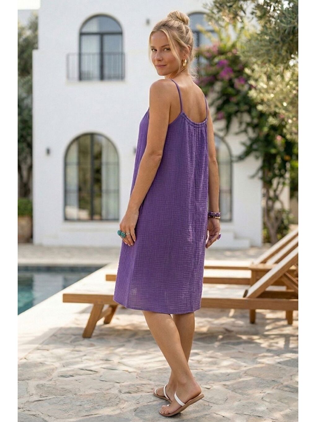 Mor Askılı Gizli Cepli Ayarlanabilir Askılı Casual Müslin Dokuma Elbise 105 55-1