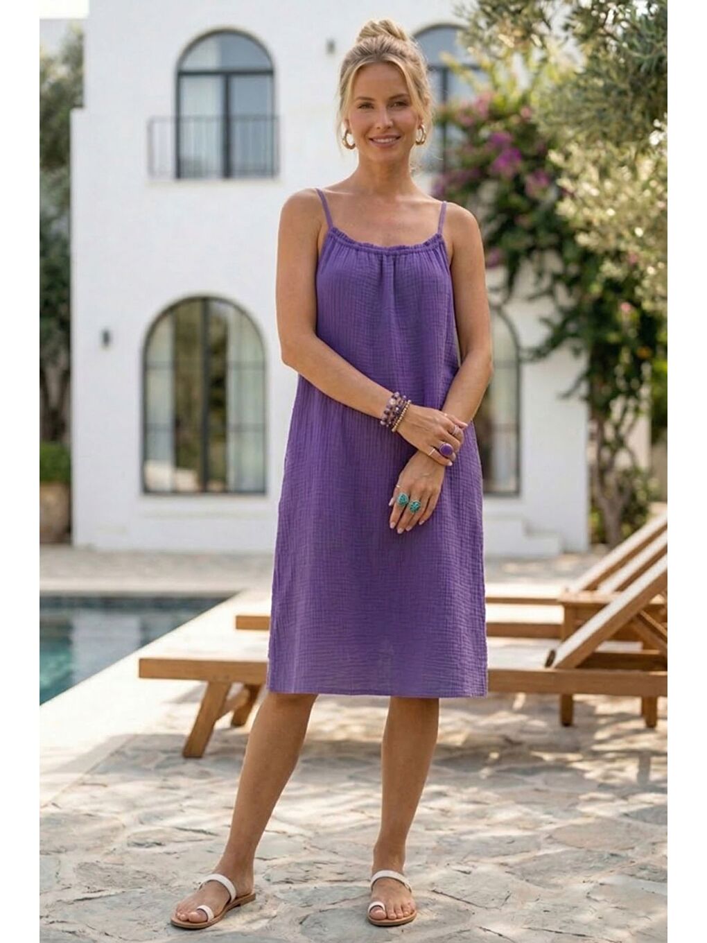 Mor Askılı Gizli Cepli Ayarlanabilir Askılı Casual Müslin Dokuma Elbise 105 55-2