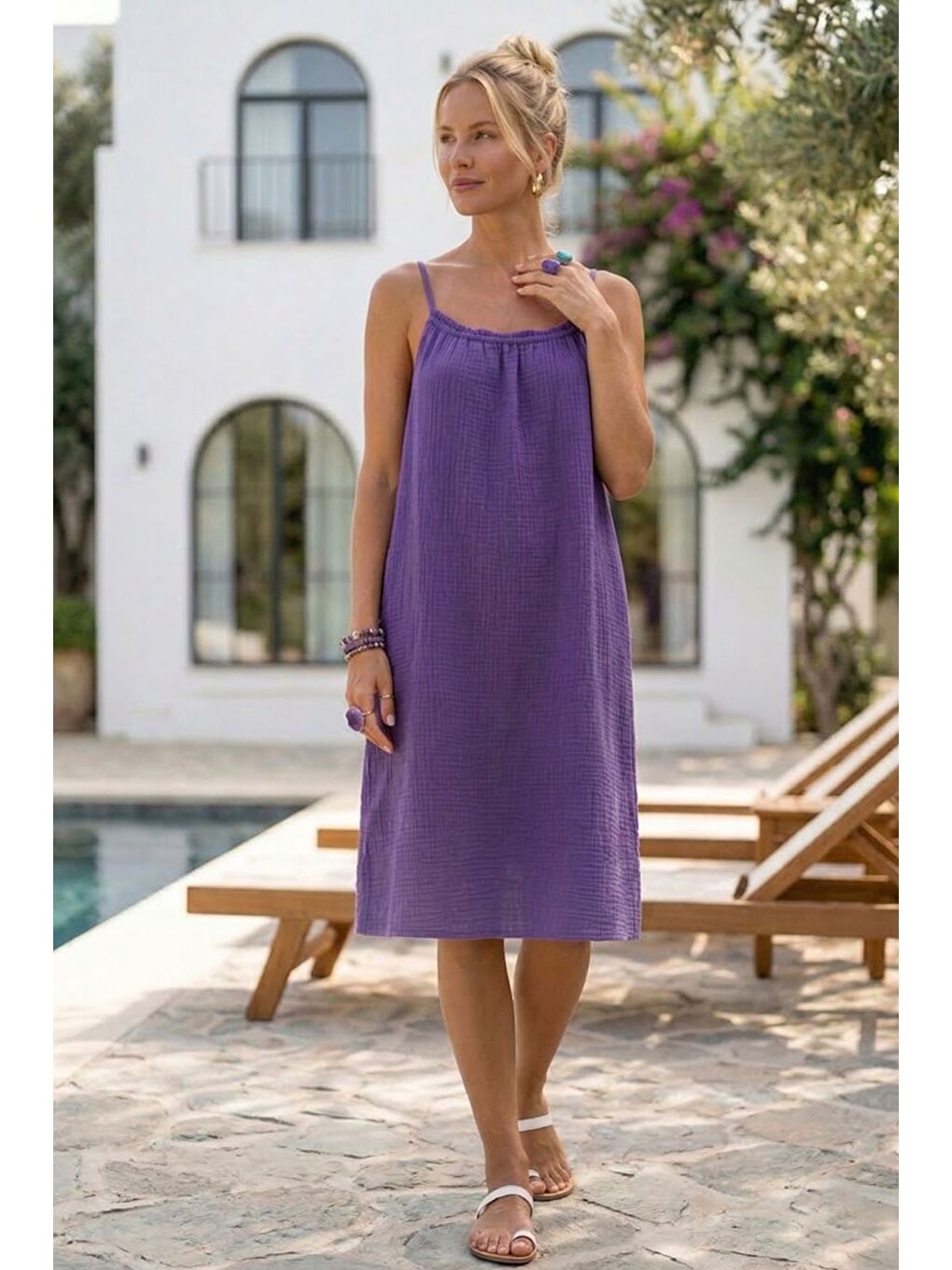 Mor Askılı Gizli Cepli Ayarlanabilir Askılı Casual Müslin Dokuma Elbise 105 55-3