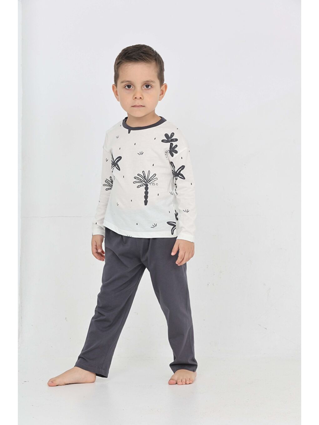 Antrasit Erkek Çocuk Palmiye Baskılı Pijama Takım-1