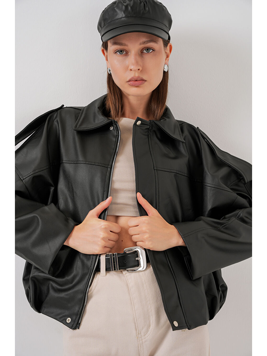 Kadın Oversize Deri Ceket 1055 - Siyah