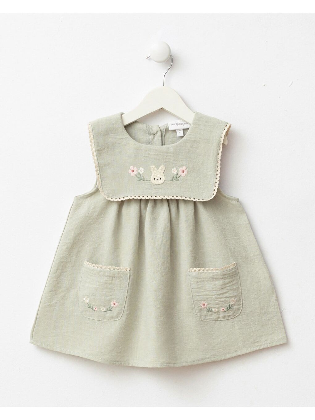 Kız Çocuk Pamuklu Yeşil Tavşan Nakışlı Cepli Elbise-1