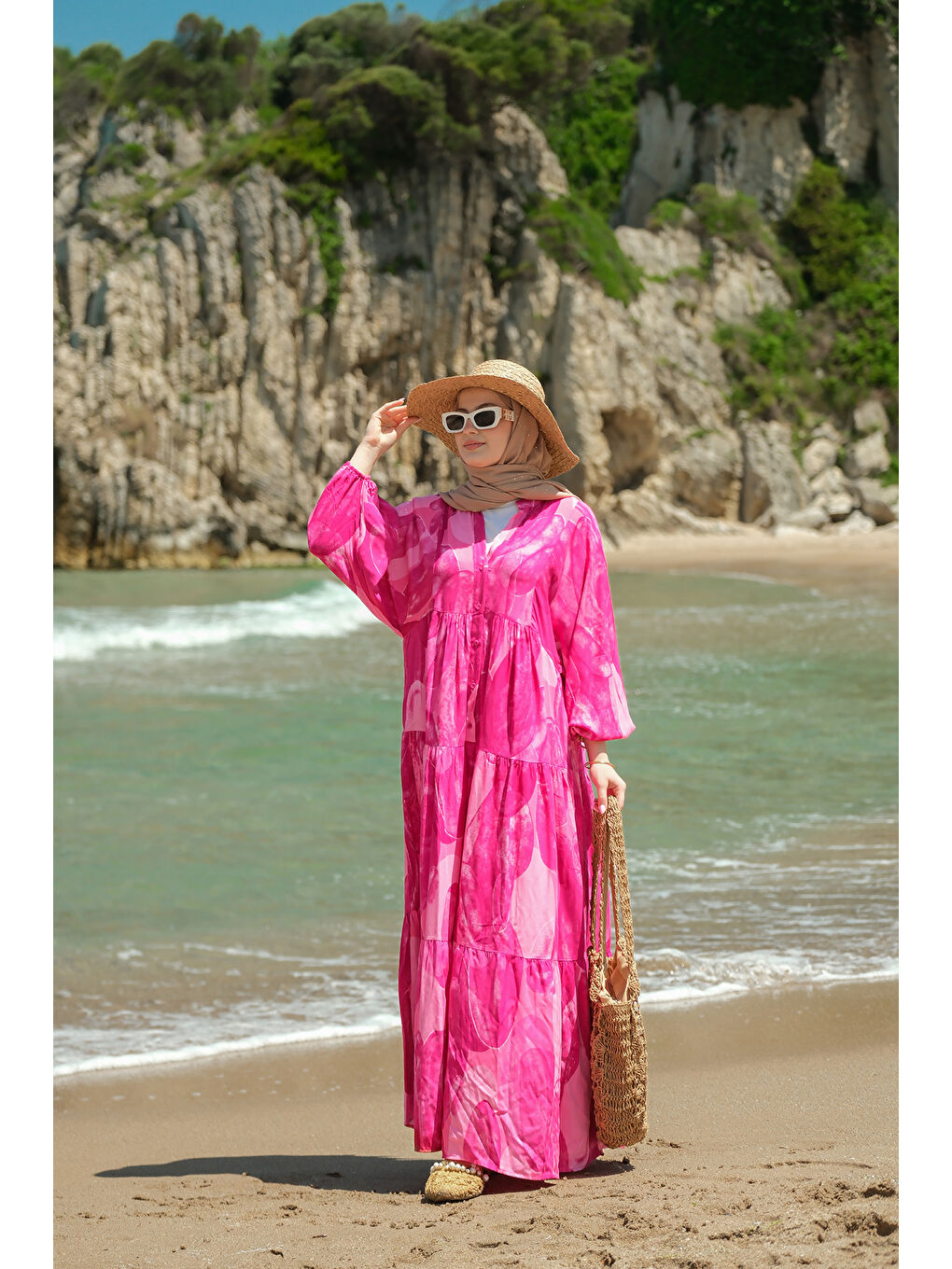 Kadın Şekil Desenli Elbise Fuşya-4