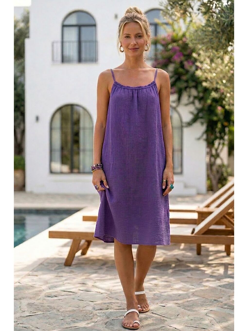 Mor Askılı Gizli Cepli Ayarlanabilir Askılı Casual Müslin Dokuma Elbise 105 55-4