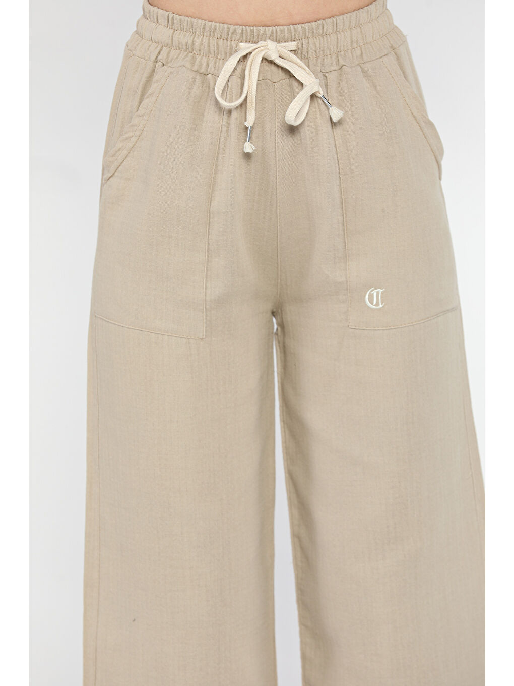 Bej Bel Bağlamalı Kadın Bol Paça Pantolon-3