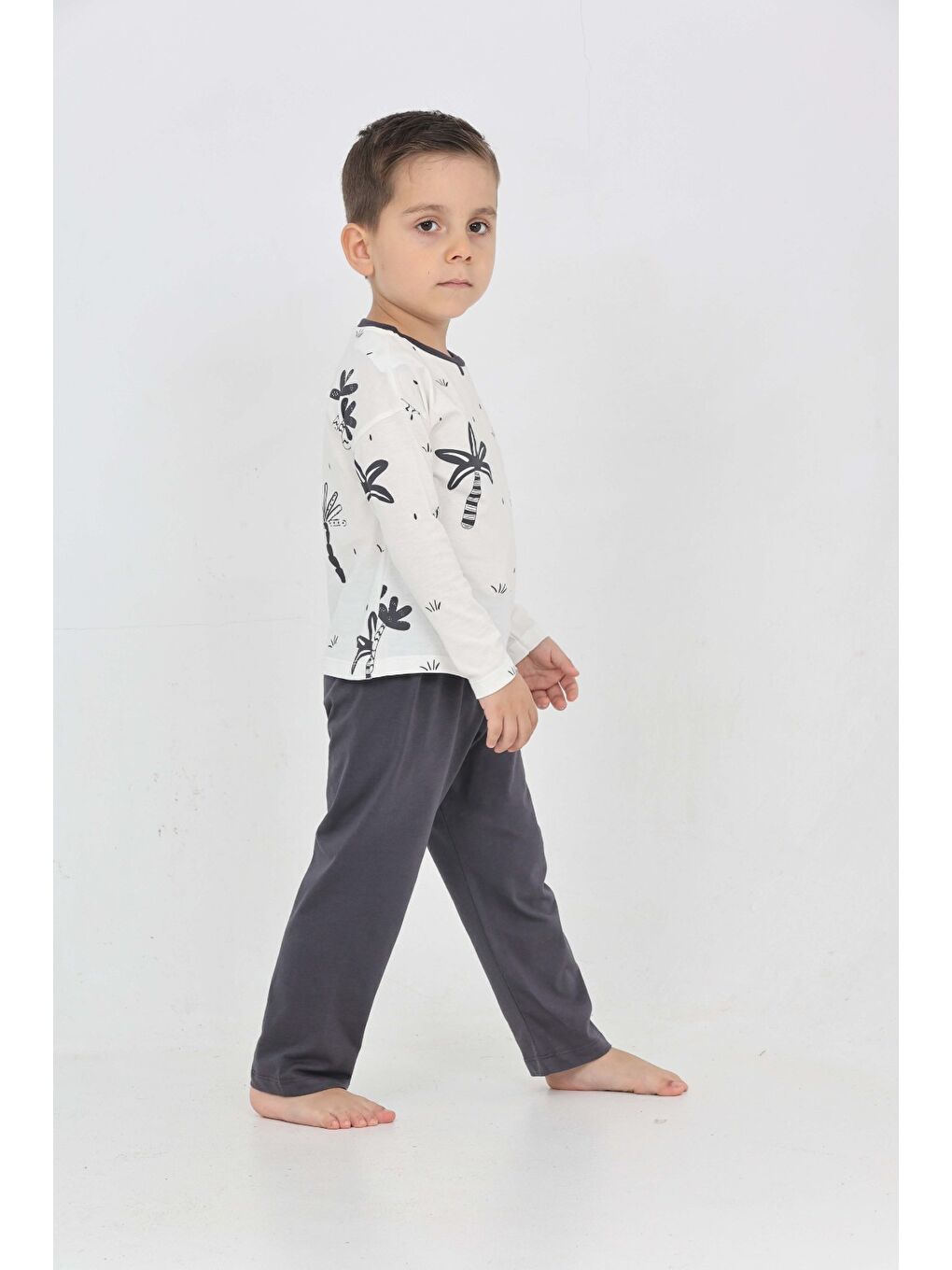 Antrasit Erkek Çocuk Palmiye Baskılı Pijama Takım-2