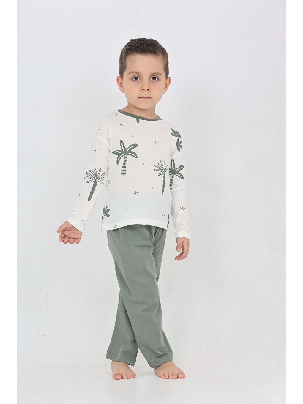 Yeşil Erkek Çocuk Palmiye Baskılı Pijama Takım