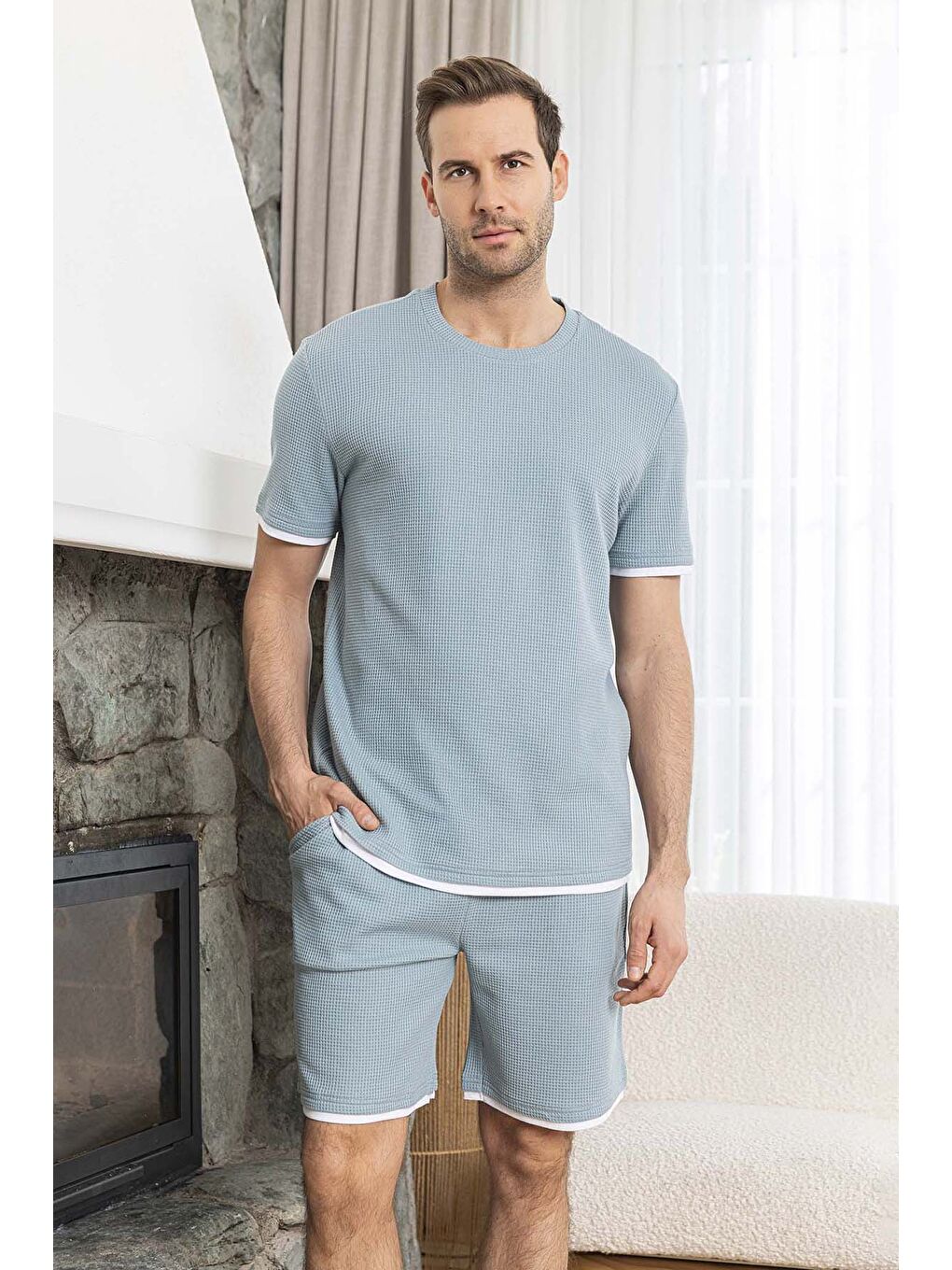 Yeşil Erkek Kısa Kol Şort Biye Detay Waffle Kumaş Pijama Takımı 260102 Mint-2