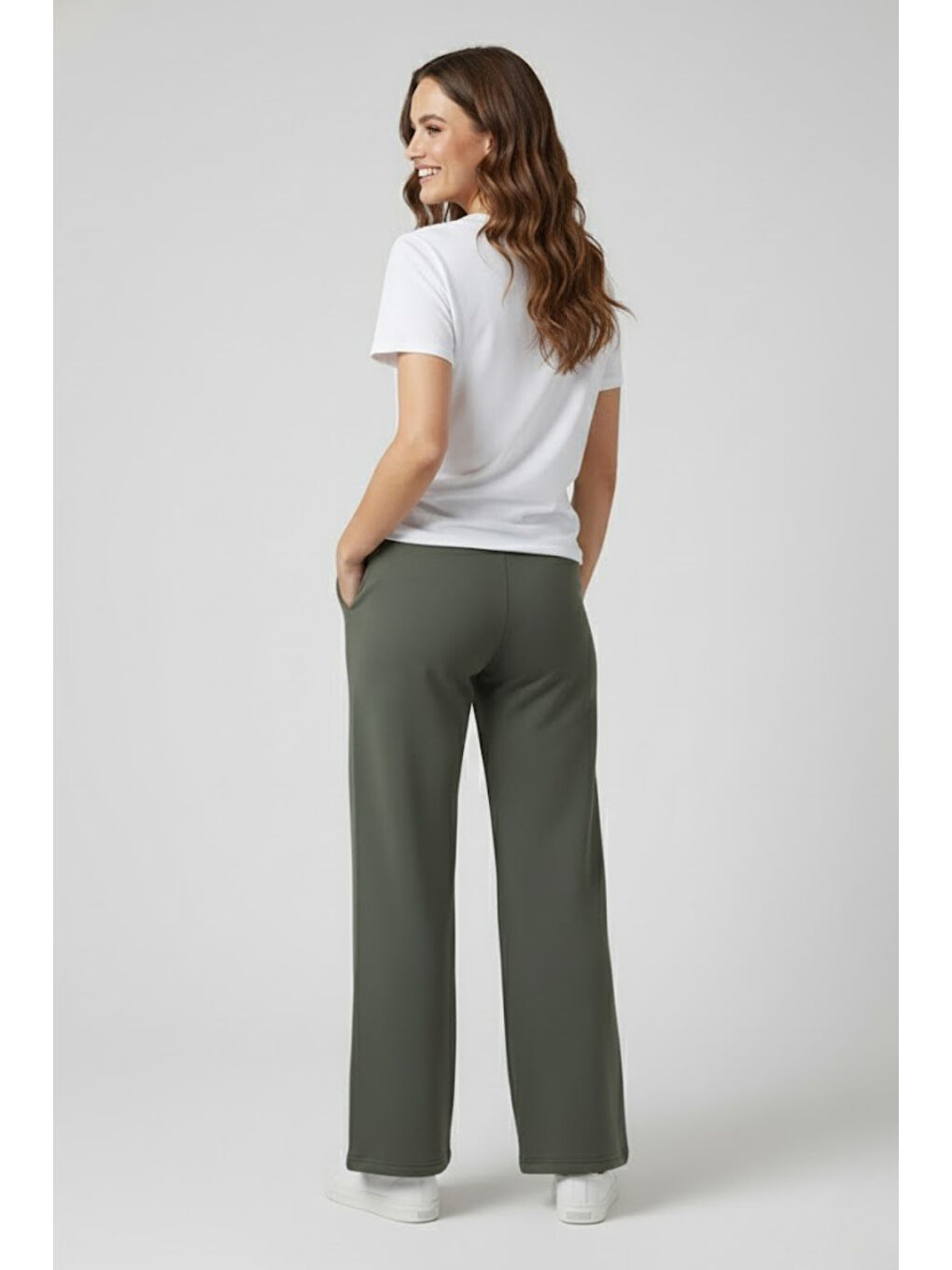 Haki Kadın İki İplik Rahat Kalıp Yüksek Bel Geniş Paça Pantolon SPR26EAK988-1