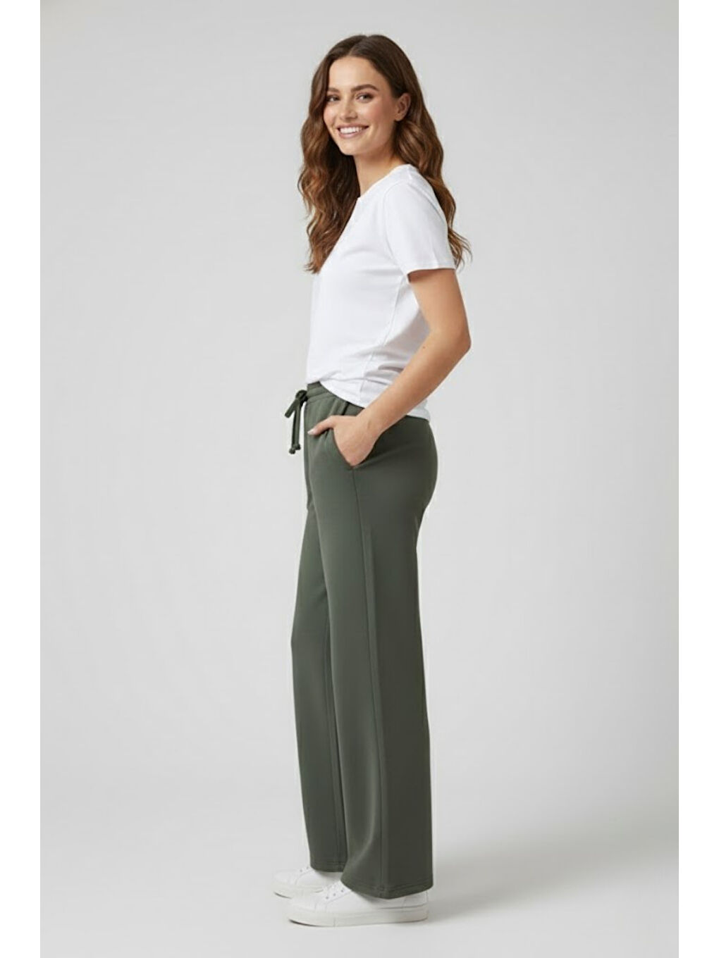 Haki Kadın İki İplik Rahat Kalıp Yüksek Bel Geniş Paça Pantolon SPR26EAK988-2