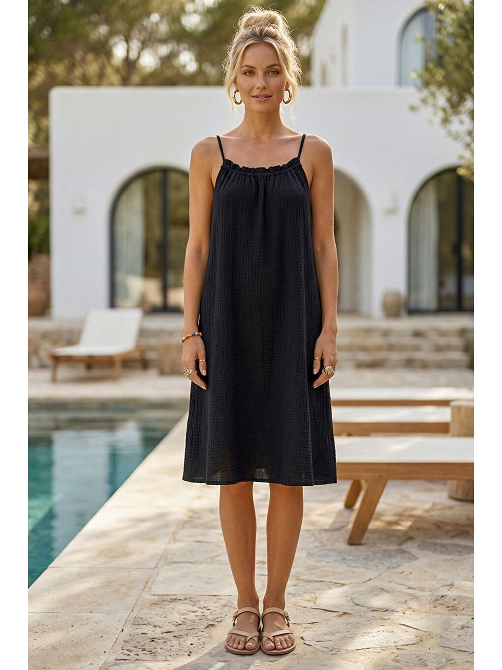 Siyah Askılı Gizli Cepli Ayarlanabilir Askılı Casual Müslin Dokuma Elbise 105 55-5