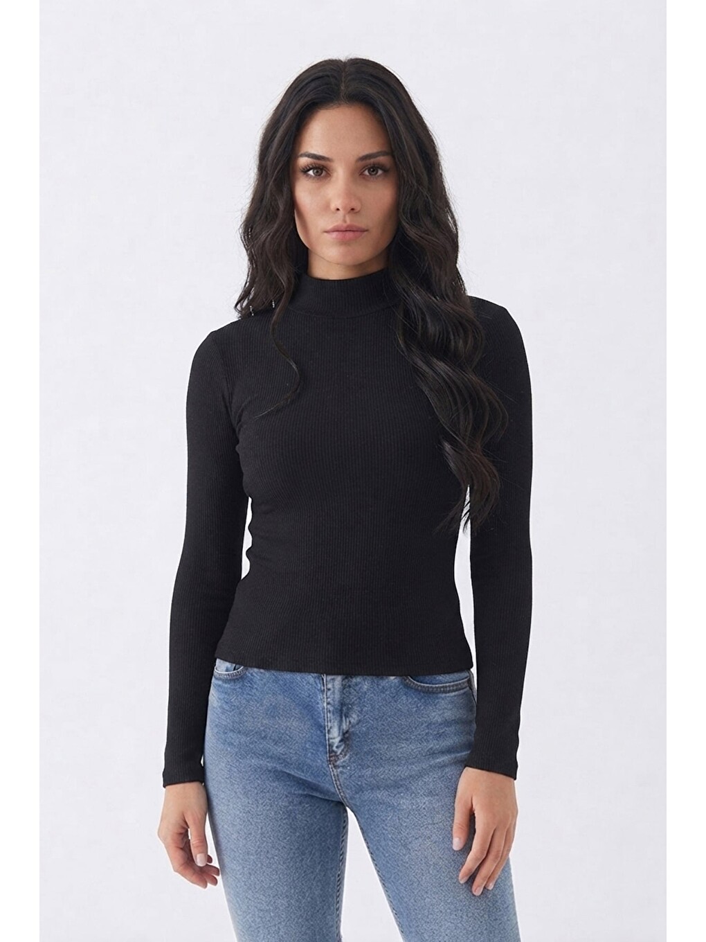 Siyah Basic Dik Yaka Slim Fit Bluz-1