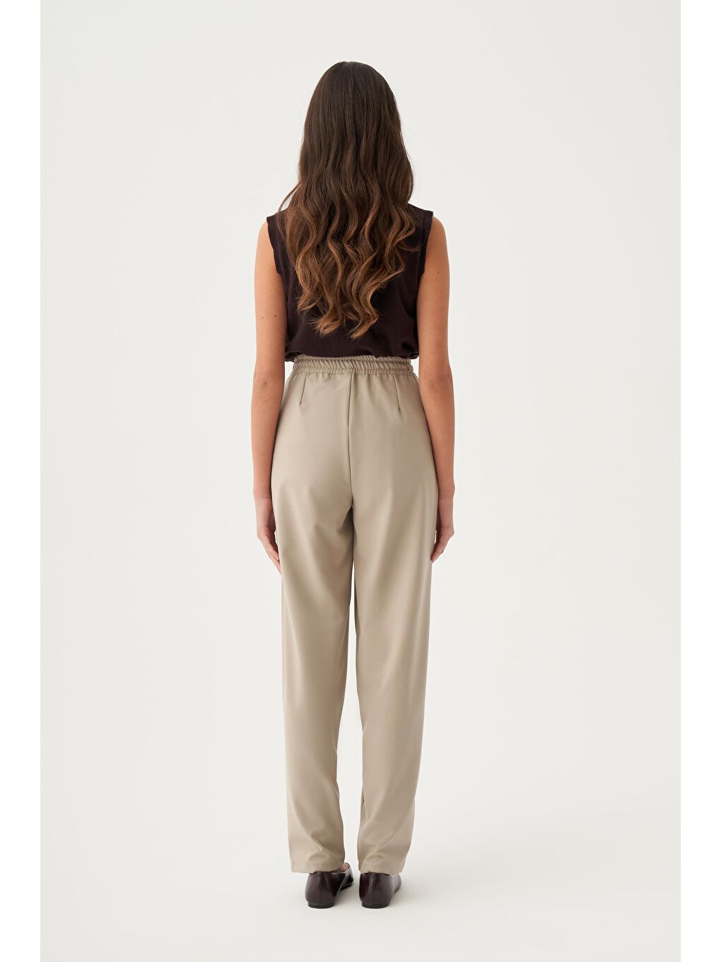 Bej-Beli Lastikli Havuç Kesim Polyviscon Pantolon-2