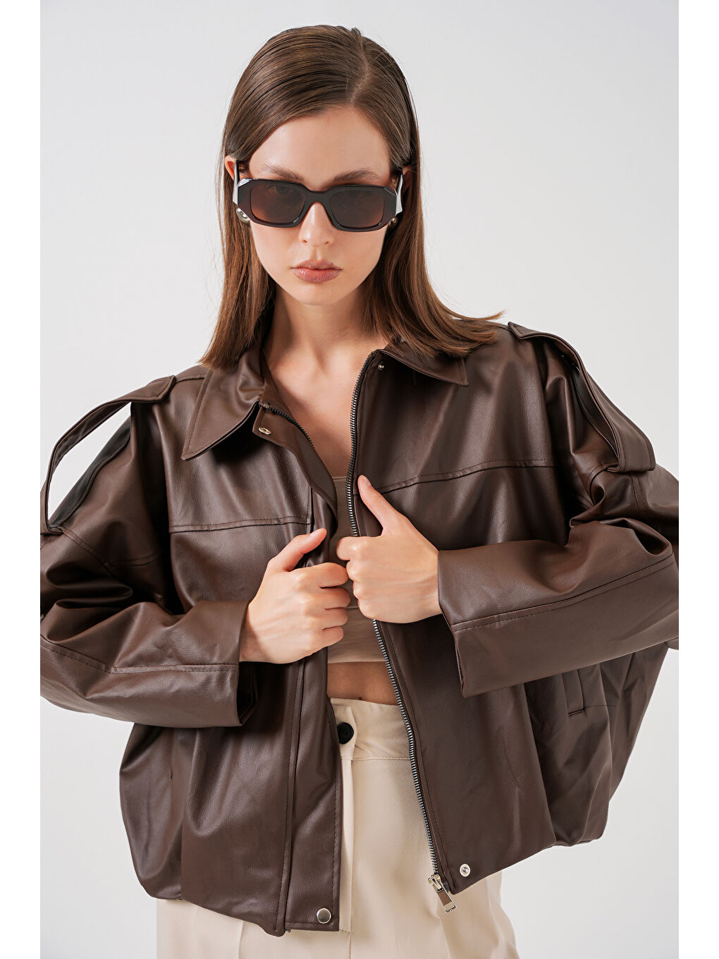 Kadın Oversize Deri Ceket 1055 - Kahverengi