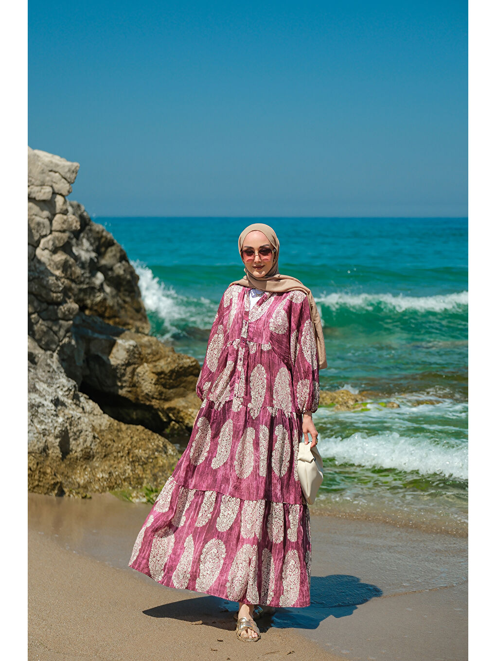 Kadın Bohem Desenli Elbise Mor