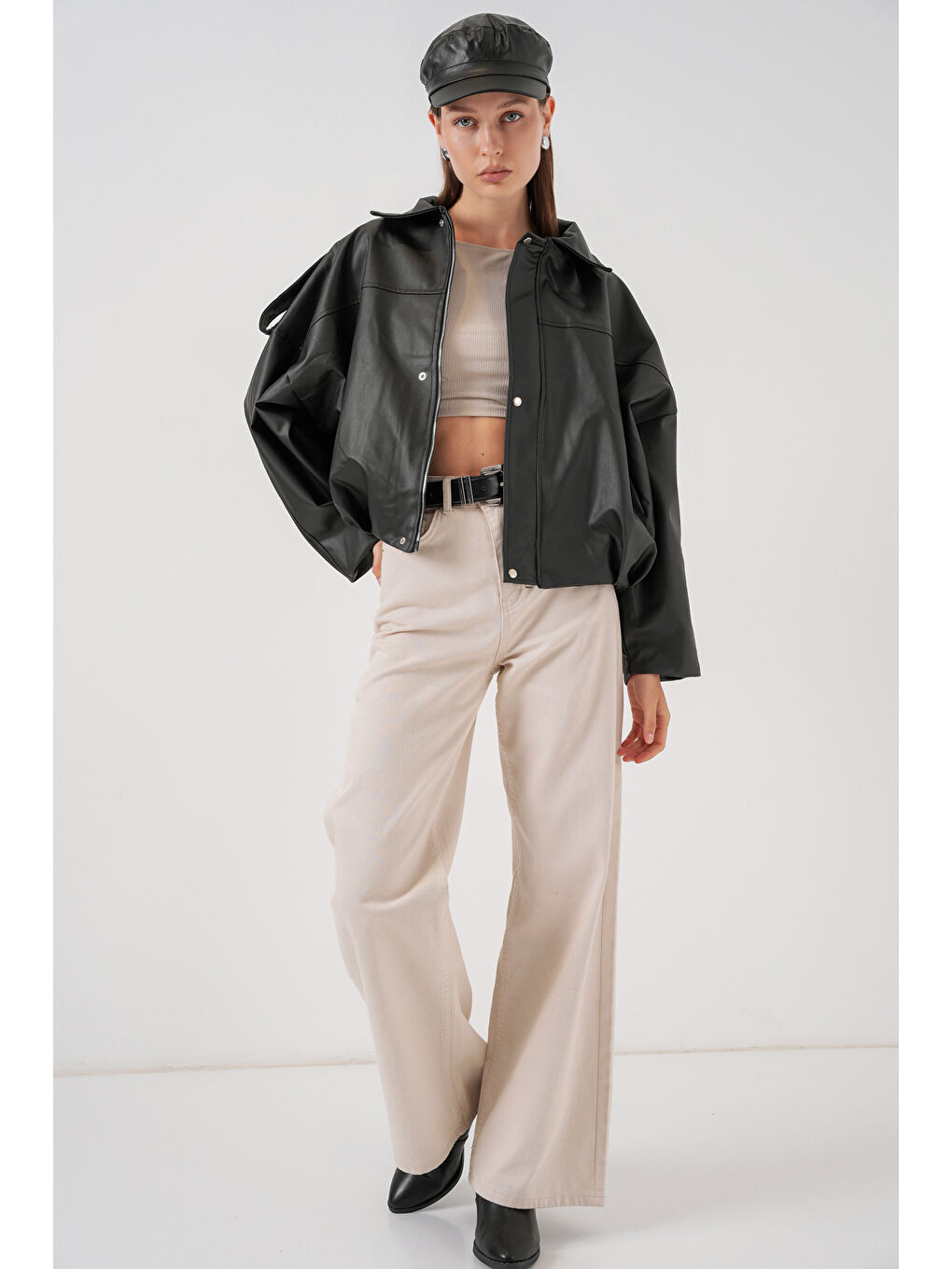 Kadın Oversize Deri Ceket 1055 - Siyah-1