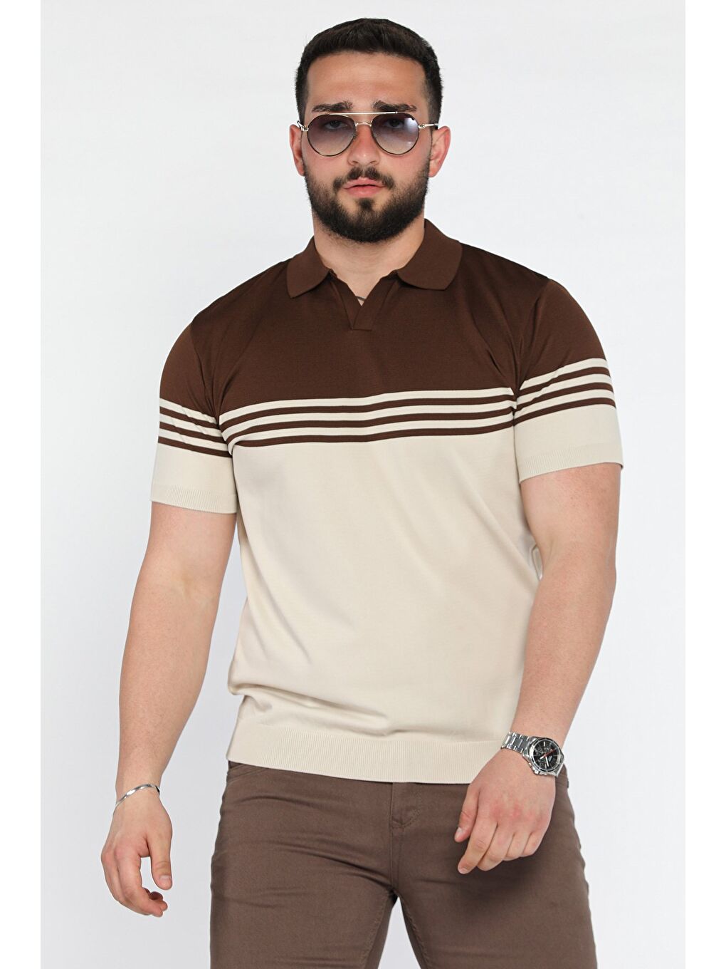 Kahverengi Erkek Polo Yaka Çizgi Desenli Çift Renkli Triko Tişört