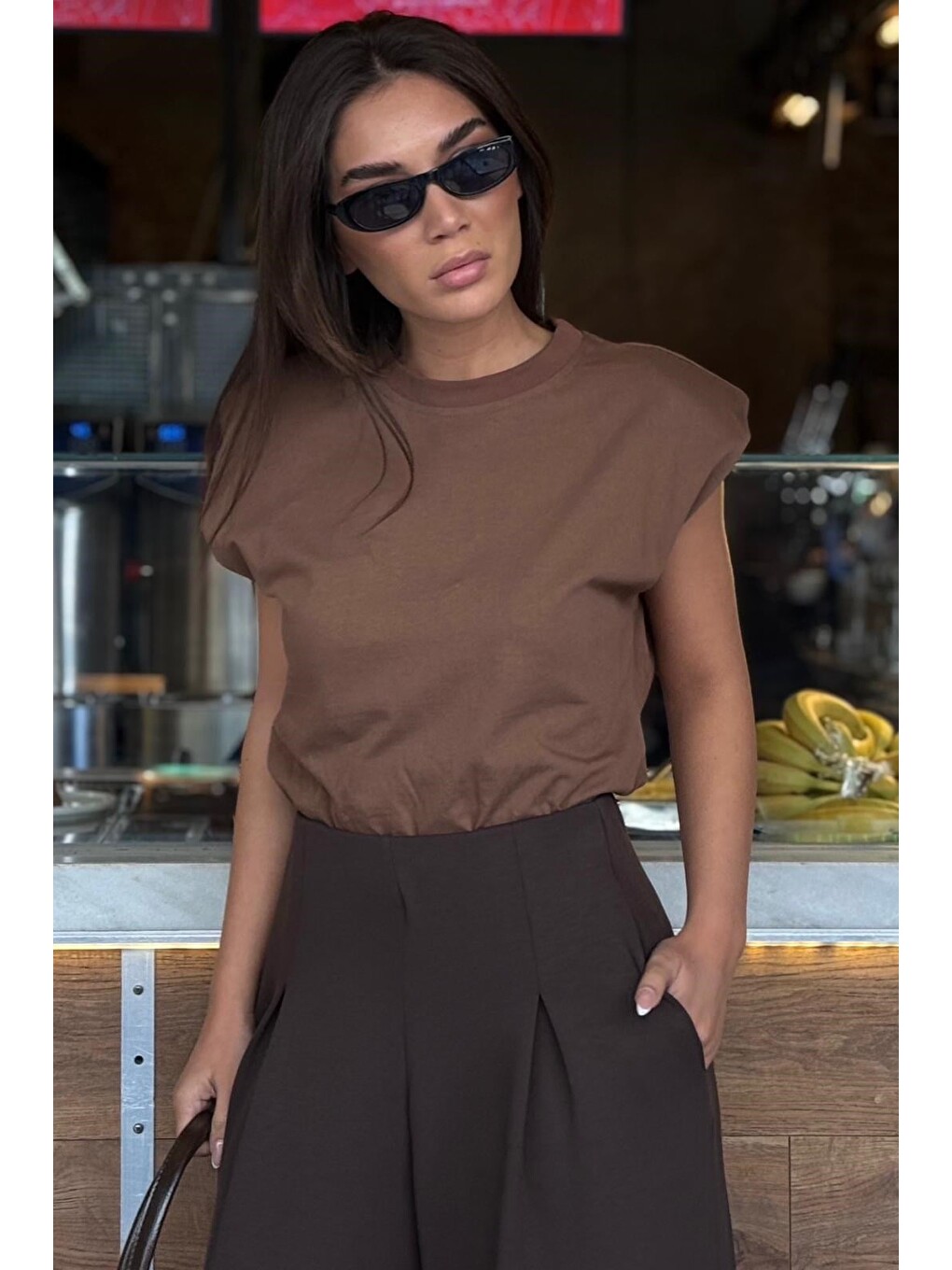 Kahverengi Sütlü Kahve Vatkalı Basic Tişört Mg2809-1