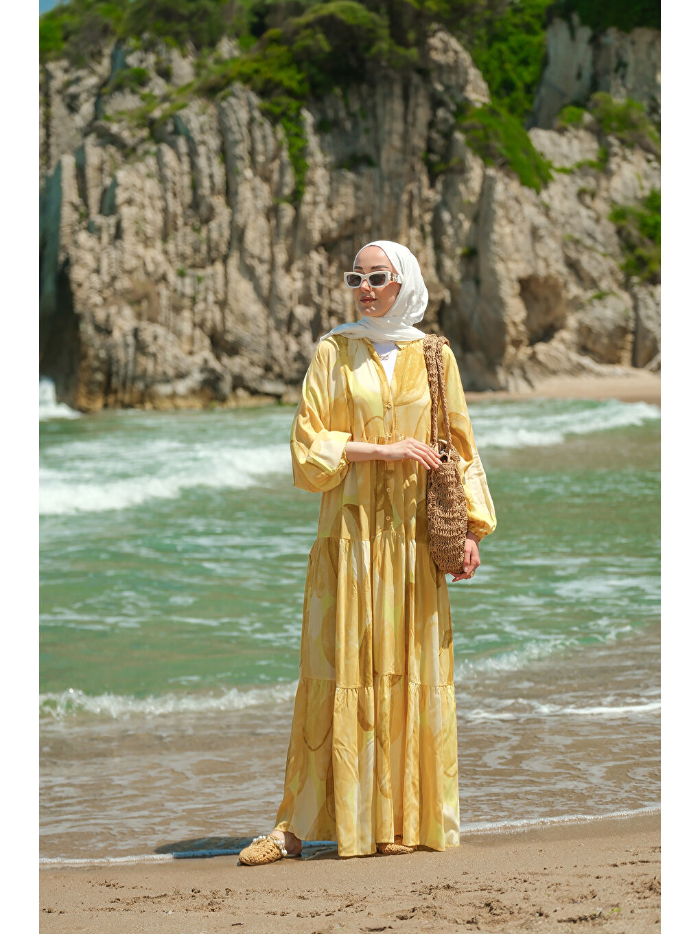 Kadın Şekil Desenli Elbise Sarı-1