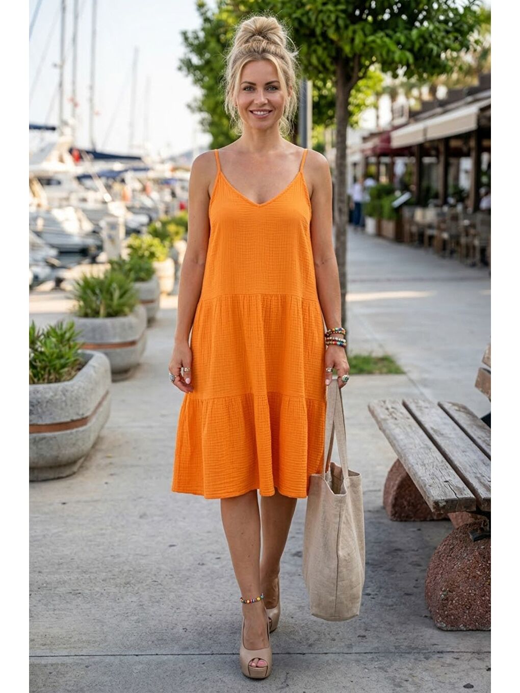 Turuncu Askılı Eteği Fırfırlı Ayarlanabilir Askılı Casual Müslin Dokuma Elbise 98 55-1