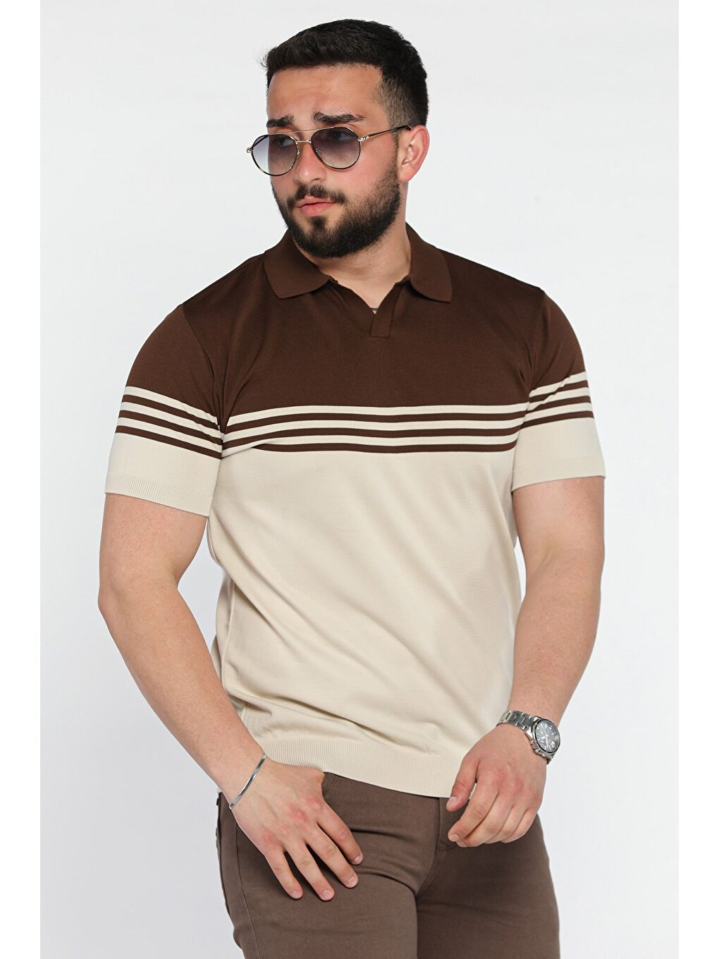 Kahverengi Erkek Polo Yaka Çizgi Desenli Çift Renkli Triko Tişört-1