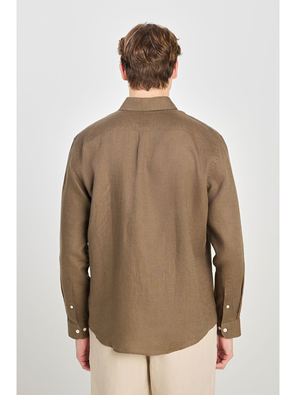 %100 Keten Regular Fit Normal Kesim Haki Gömlek-4