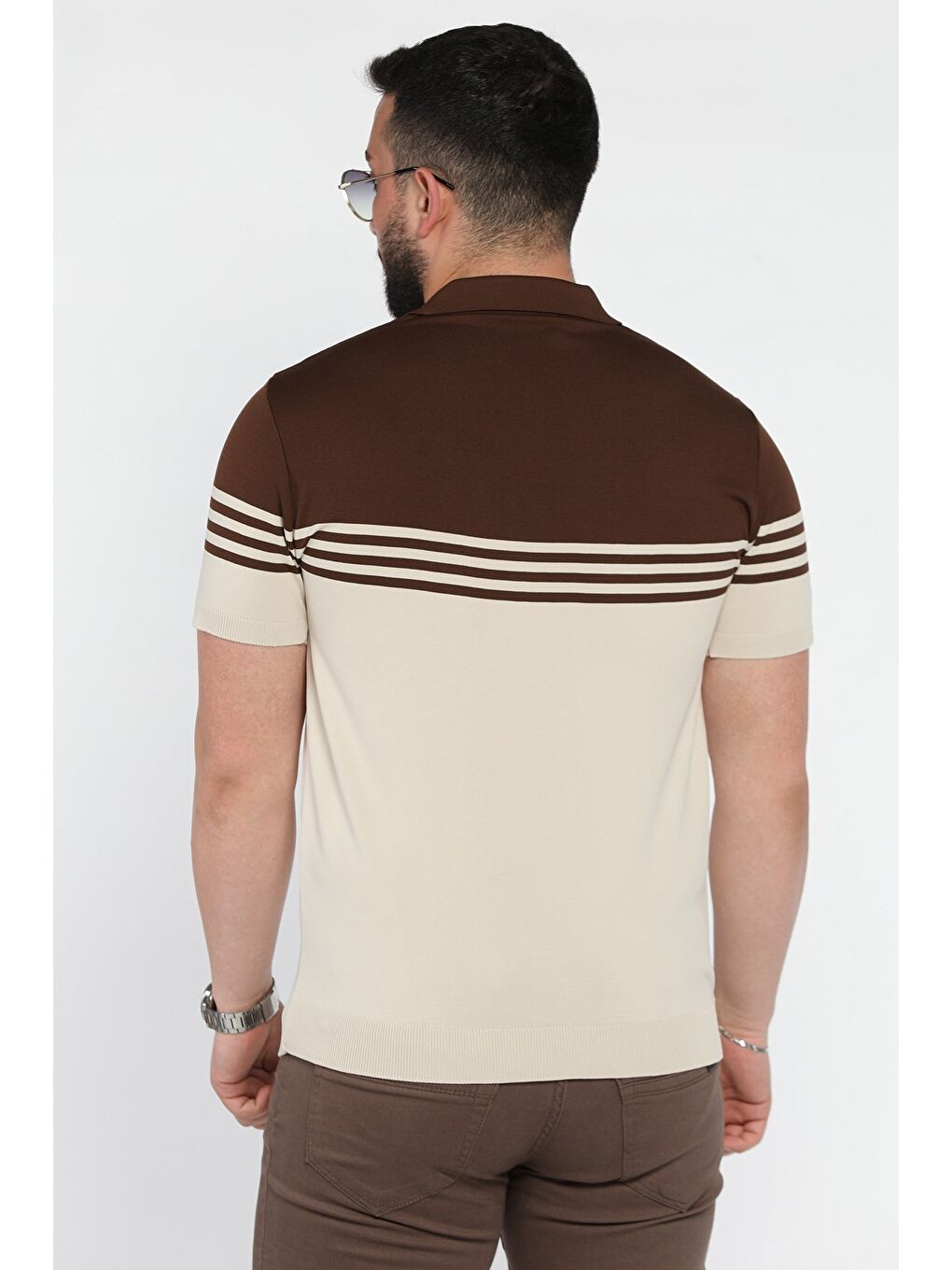 Kahverengi Erkek Polo Yaka Çizgi Desenli Çift Renkli Triko Tişört-2