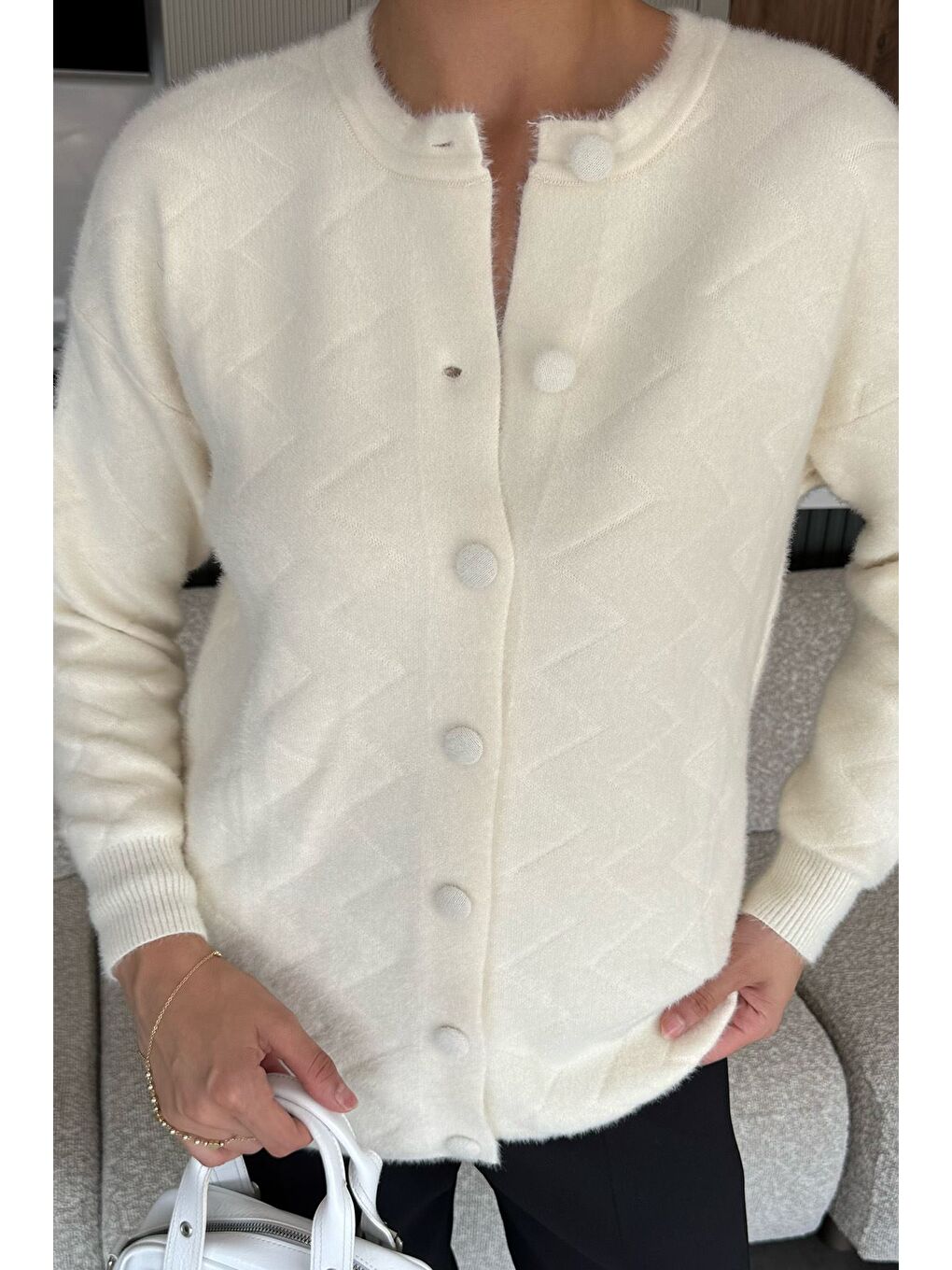 Ekru Kadın Ön Düğmeli Yumoş İplik Triko Ceket (s-m-l Uyumludur)-1