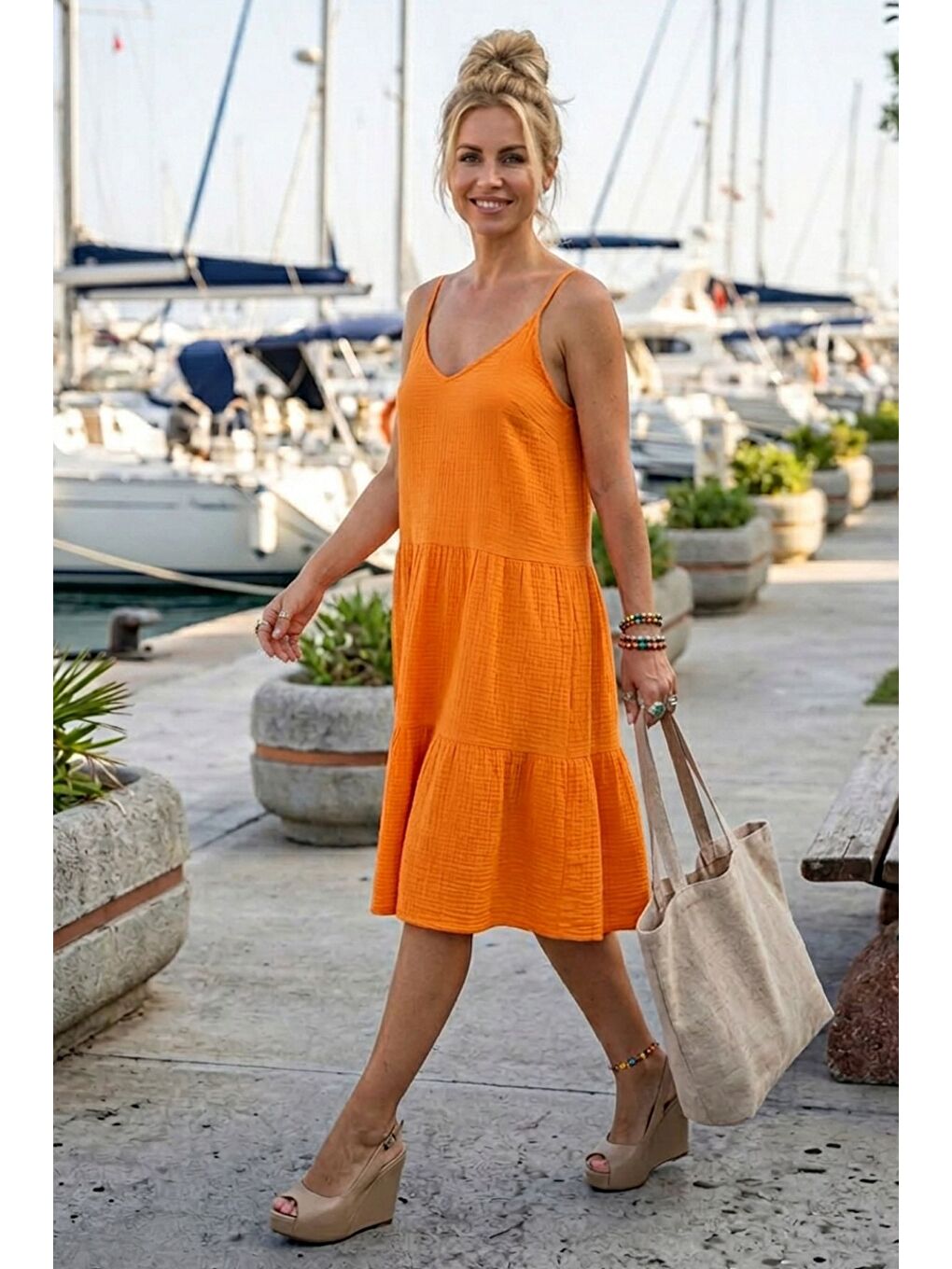 Turuncu Askılı Eteği Fırfırlı Ayarlanabilir Askılı Casual Müslin Dokuma Elbise 98 55-2