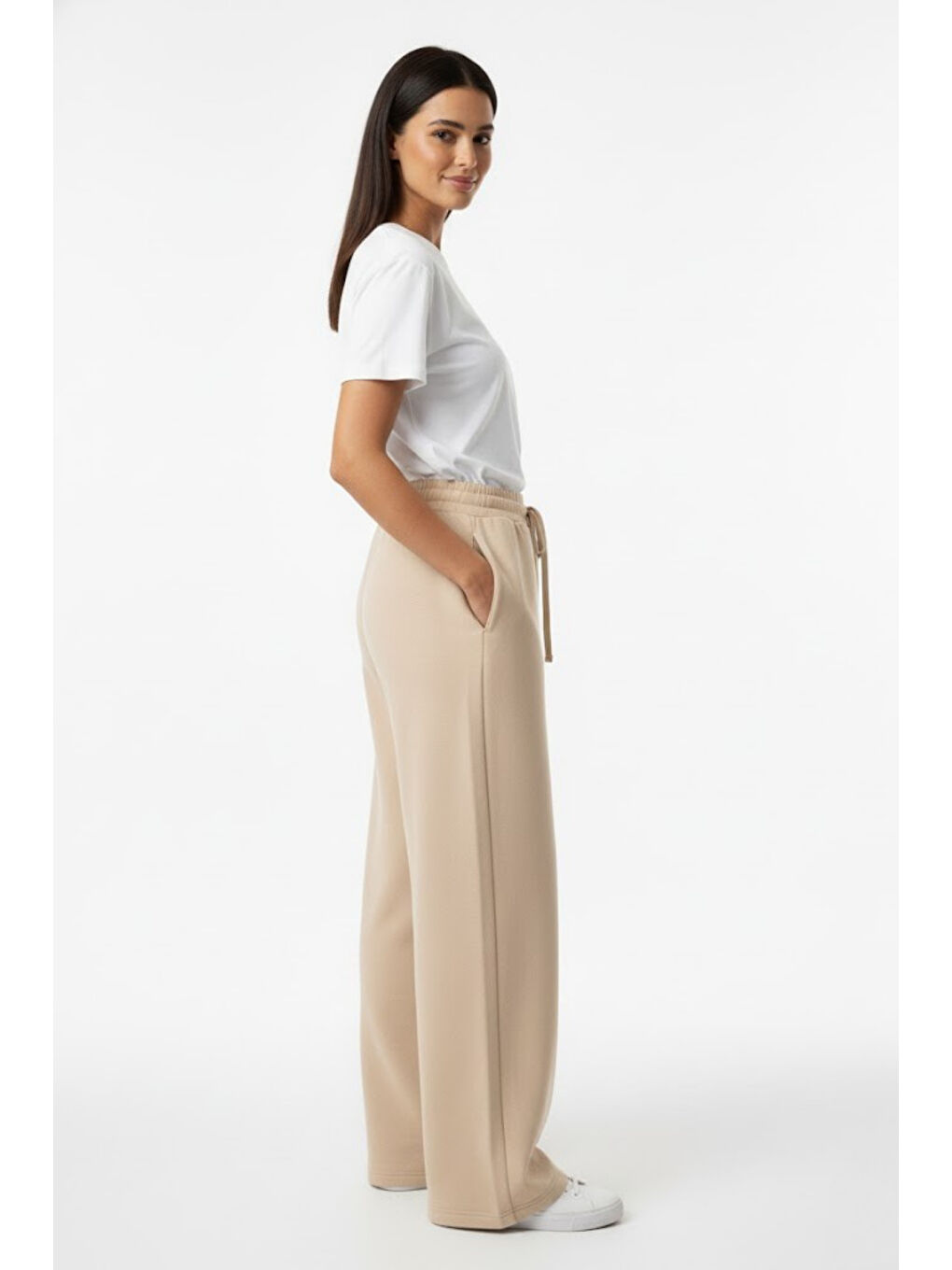 Bej Kadın İki İplik Rahat Kalıp Yüksek Bel Geniş Paça Pantolon SPR26EAK988-1