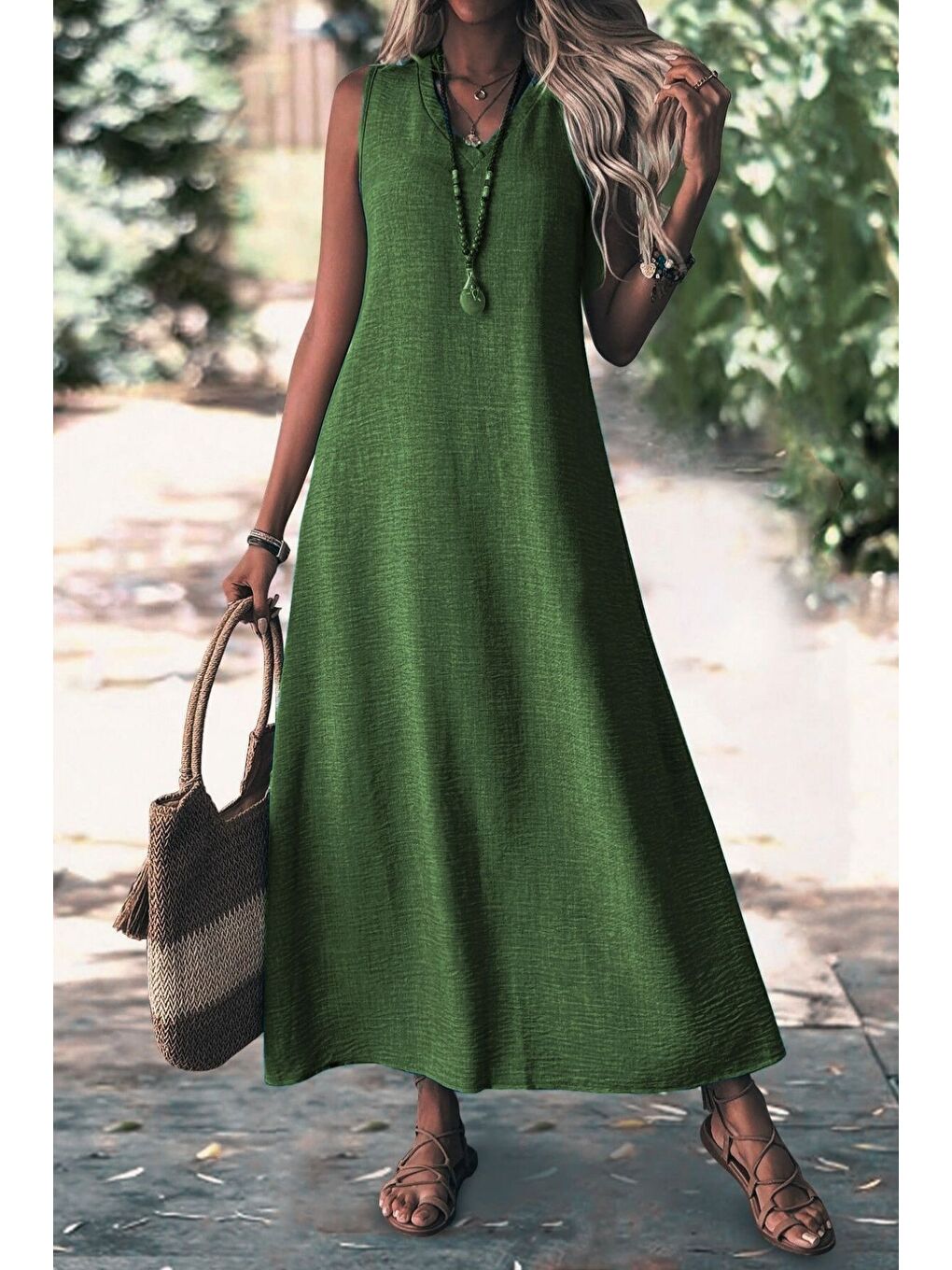 Kadın Haki V Yaka Kolsuz Maxi Boy Keten Elbise