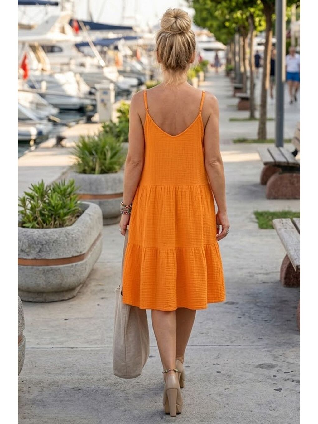 Turuncu Askılı Eteği Fırfırlı Ayarlanabilir Askılı Casual Müslin Dokuma Elbise 98 55-3