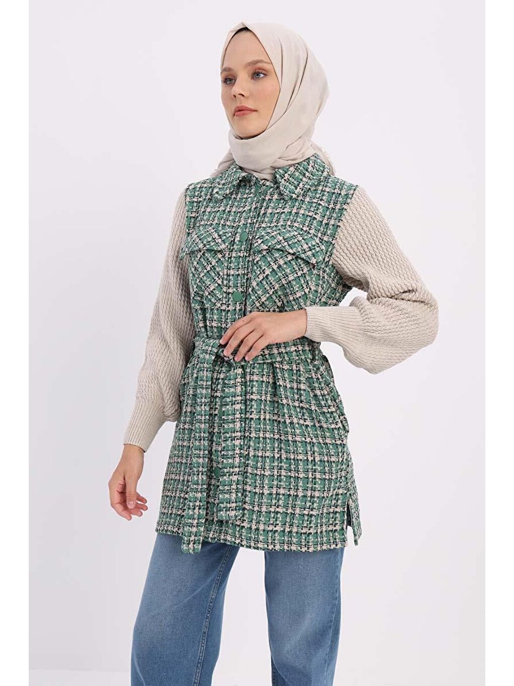 Yeşil-Triko Garnili Kuşaklı Tüvit Hırka
