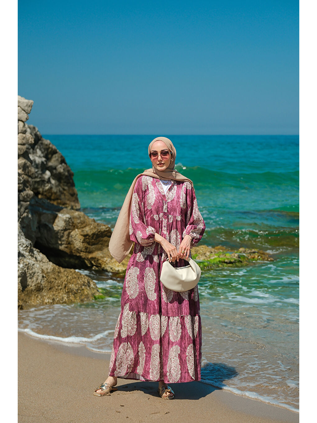 Kadın Bohem Desenli Elbise Mor-1