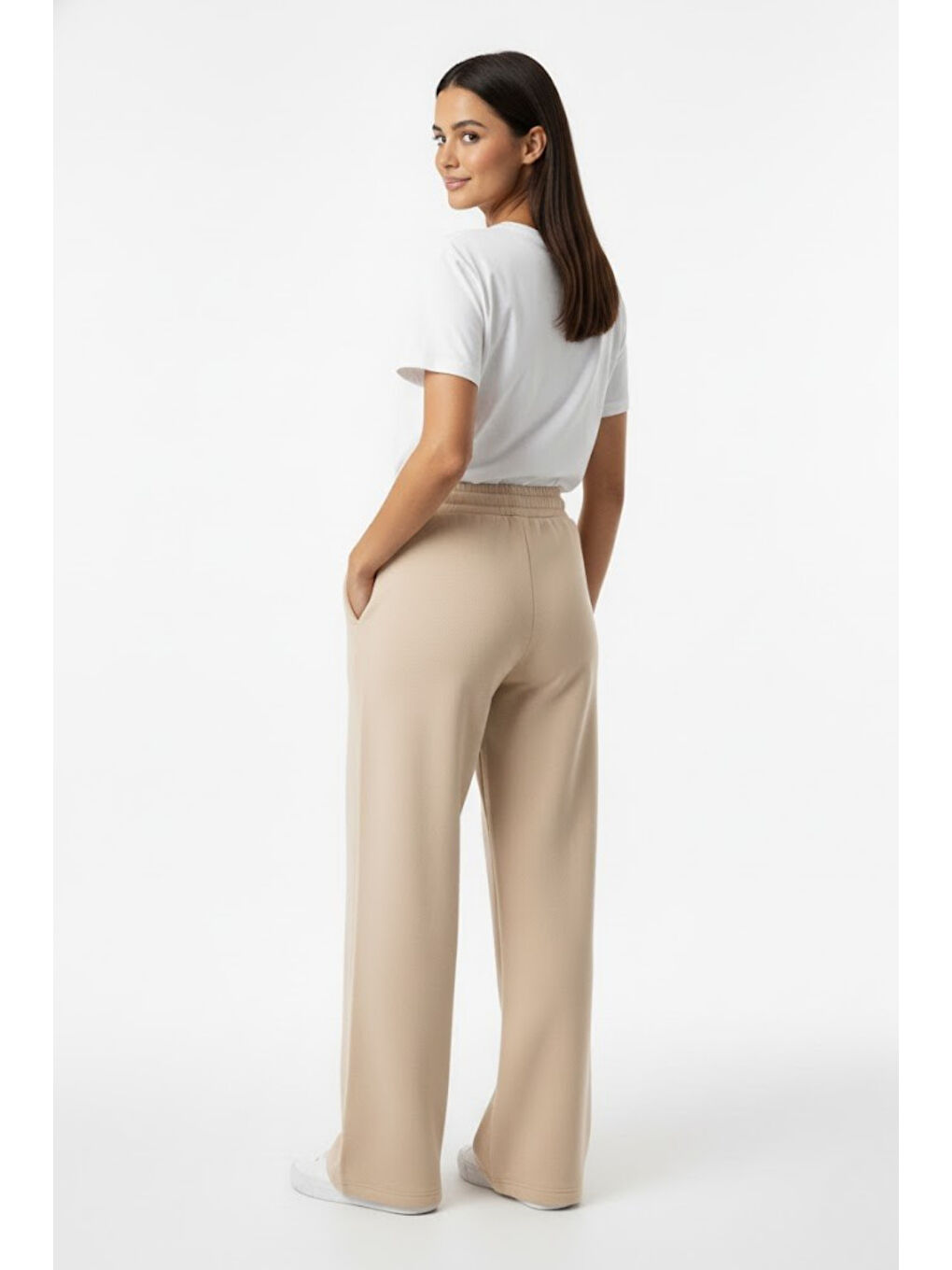 Bej Kadın İki İplik Rahat Kalıp Yüksek Bel Geniş Paça Pantolon SPR26EAK988-2