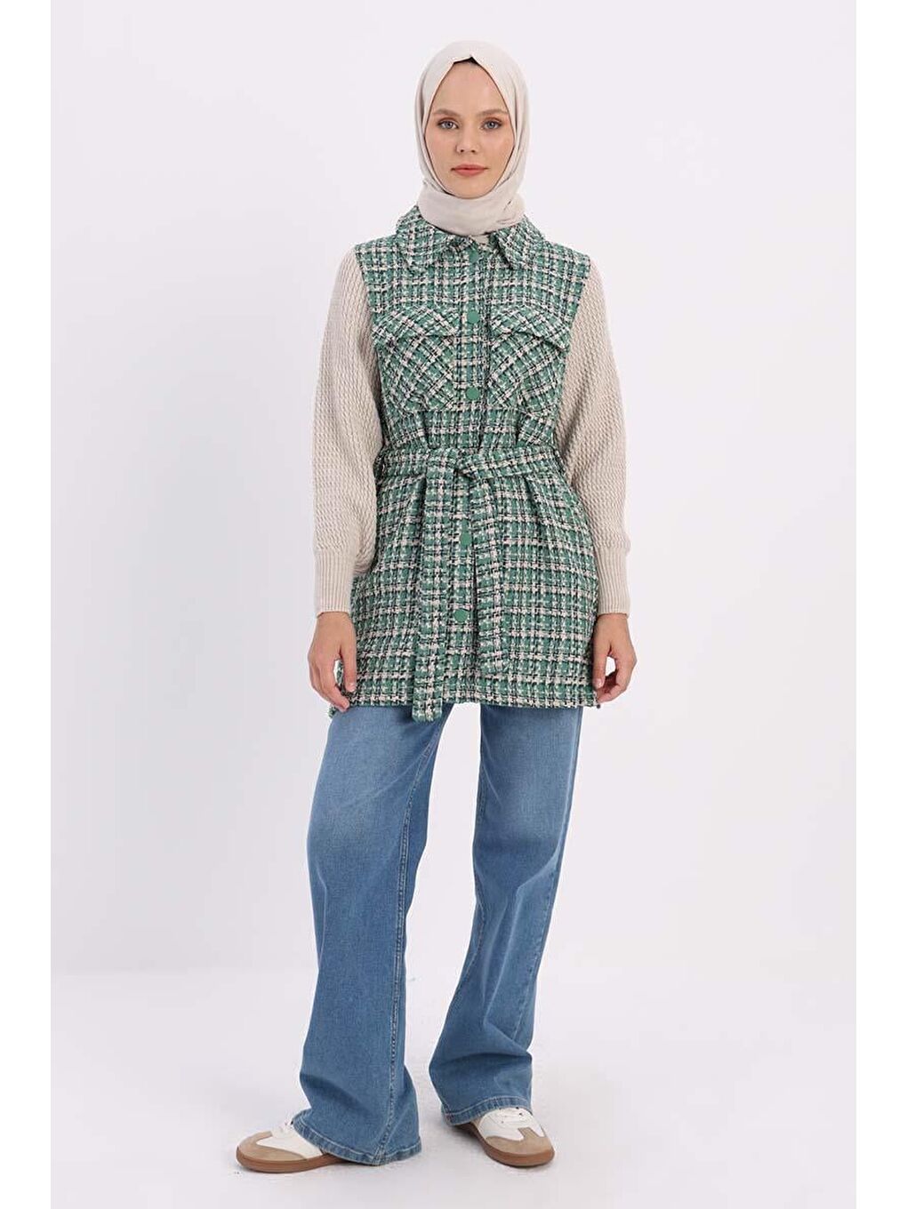 Yeşil-Triko Garnili Kuşaklı Tüvit Hırka-1