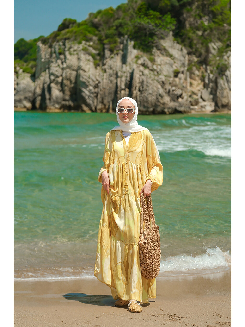 Kadın Şekil Desenli Elbise Sarı-2