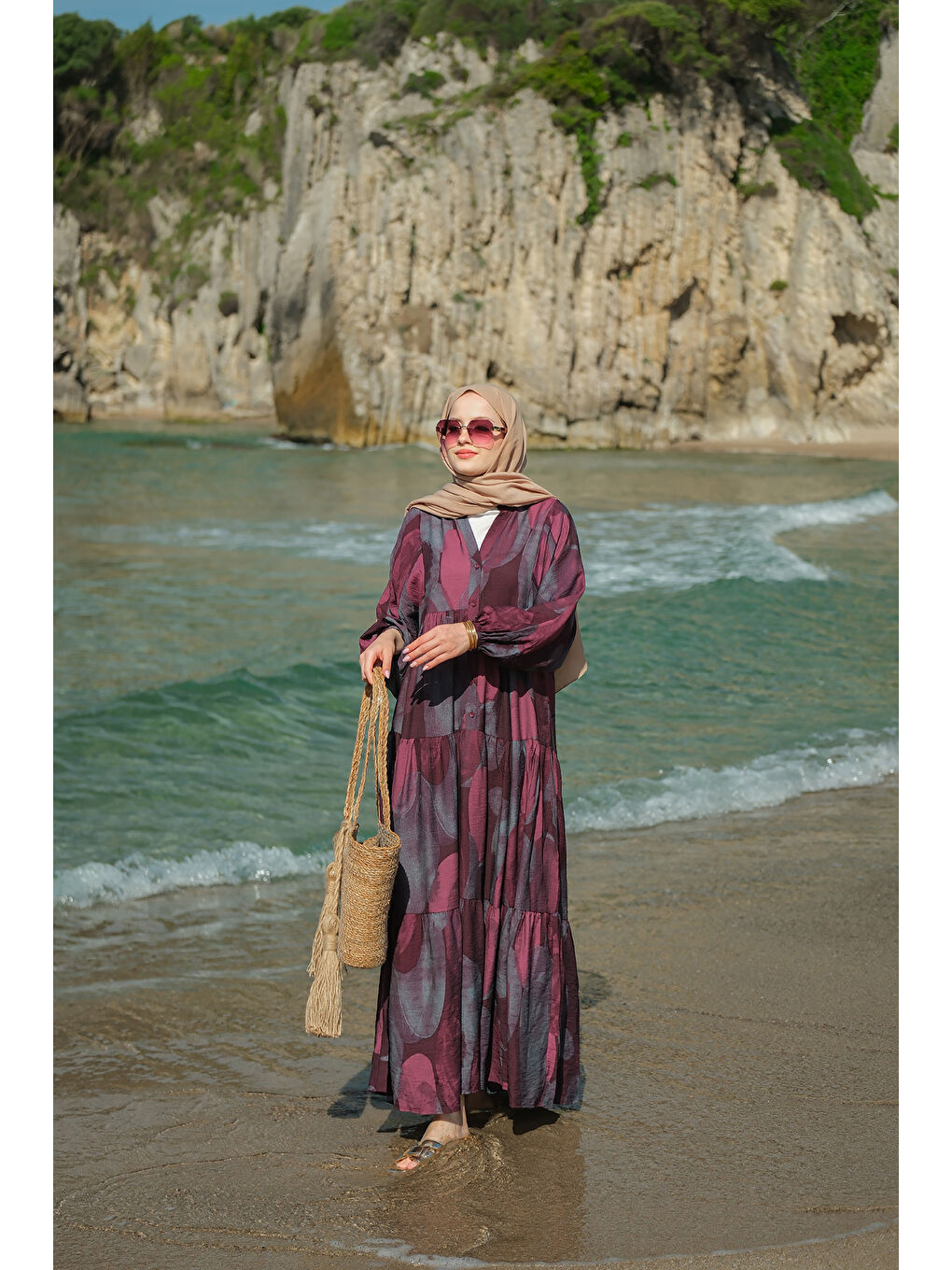 Kadın Parça Desenli Elbise Bordo-1