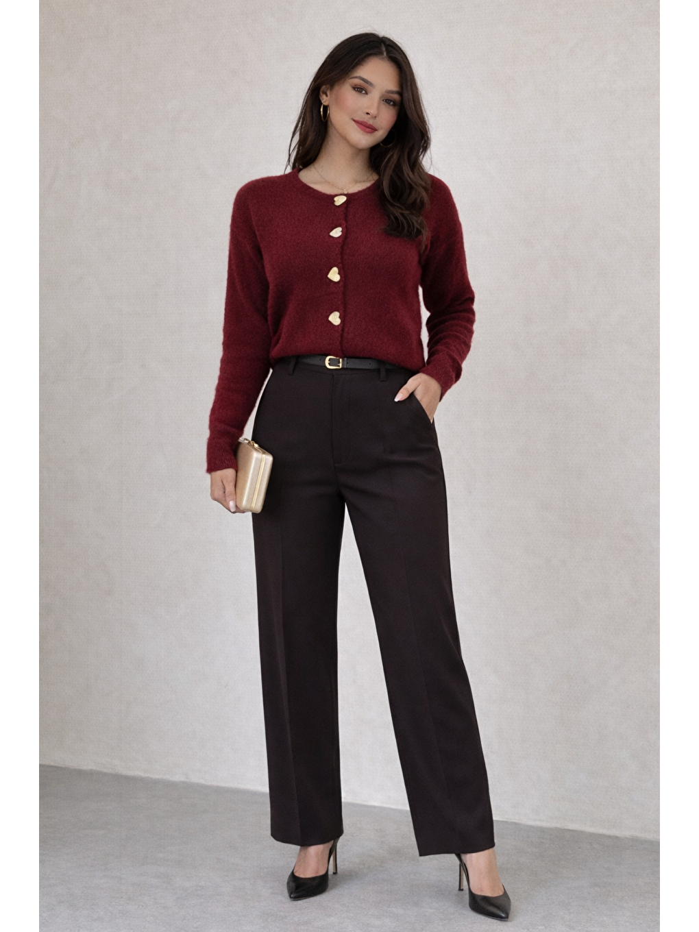 Bordo Kadın Kalpli Düğmeli Yumuşak Dokulu Kaliteli Triko Yumoş Hırka