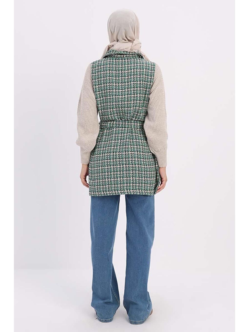 Yeşil-Triko Garnili Kuşaklı Tüvit Hırka-3
