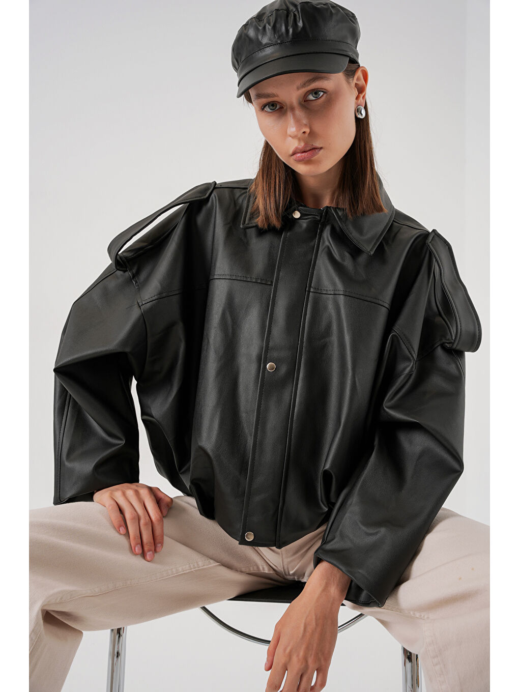Kadın Oversize Deri Ceket 1055 - Siyah-2